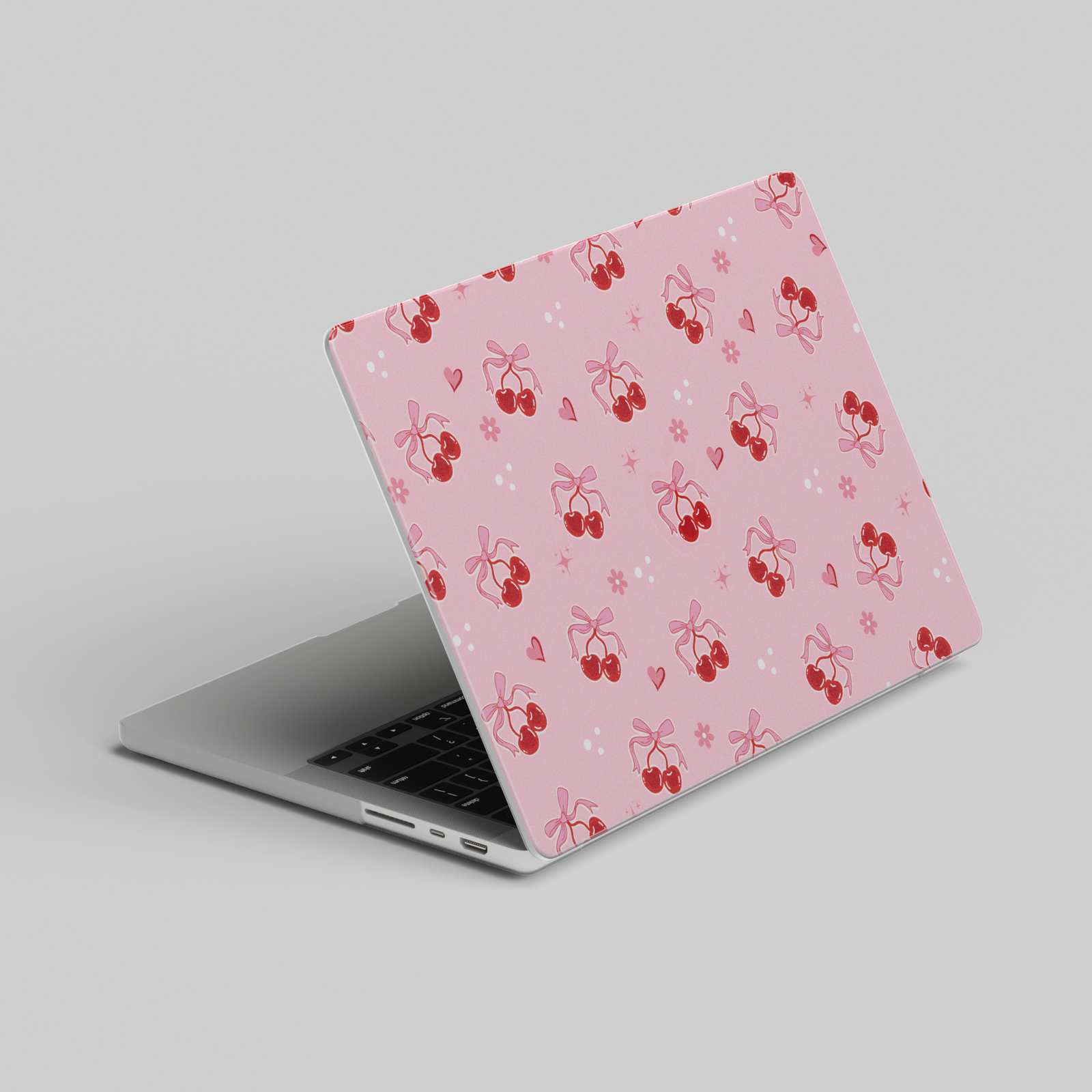 Pink MacBook case with cute cherry and bow pattern, perfect kawaii aesthetic laptop cover for students and girly MacBook Pro or Air users.