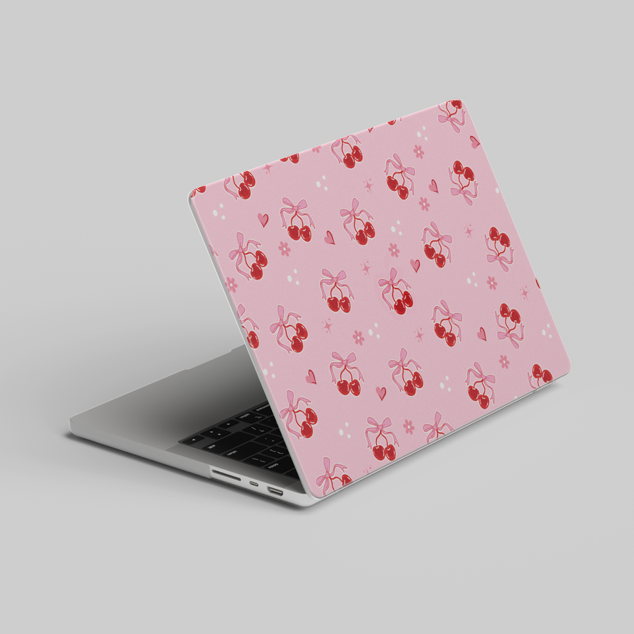 Pink MacBook case with cute cherry and bow pattern, perfect kawaii aesthetic laptop cover for students and girly MacBook Pro or Air users.