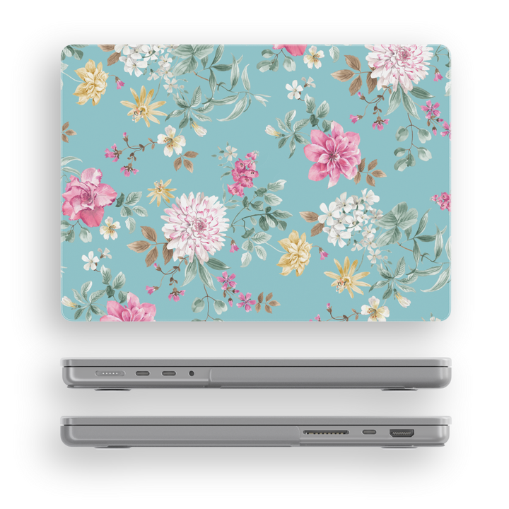 Blue floral MacBook case with pastel flowers, soft romantic laptop cover for MacBook Pro and Air, aesthetic feminine laptop skin