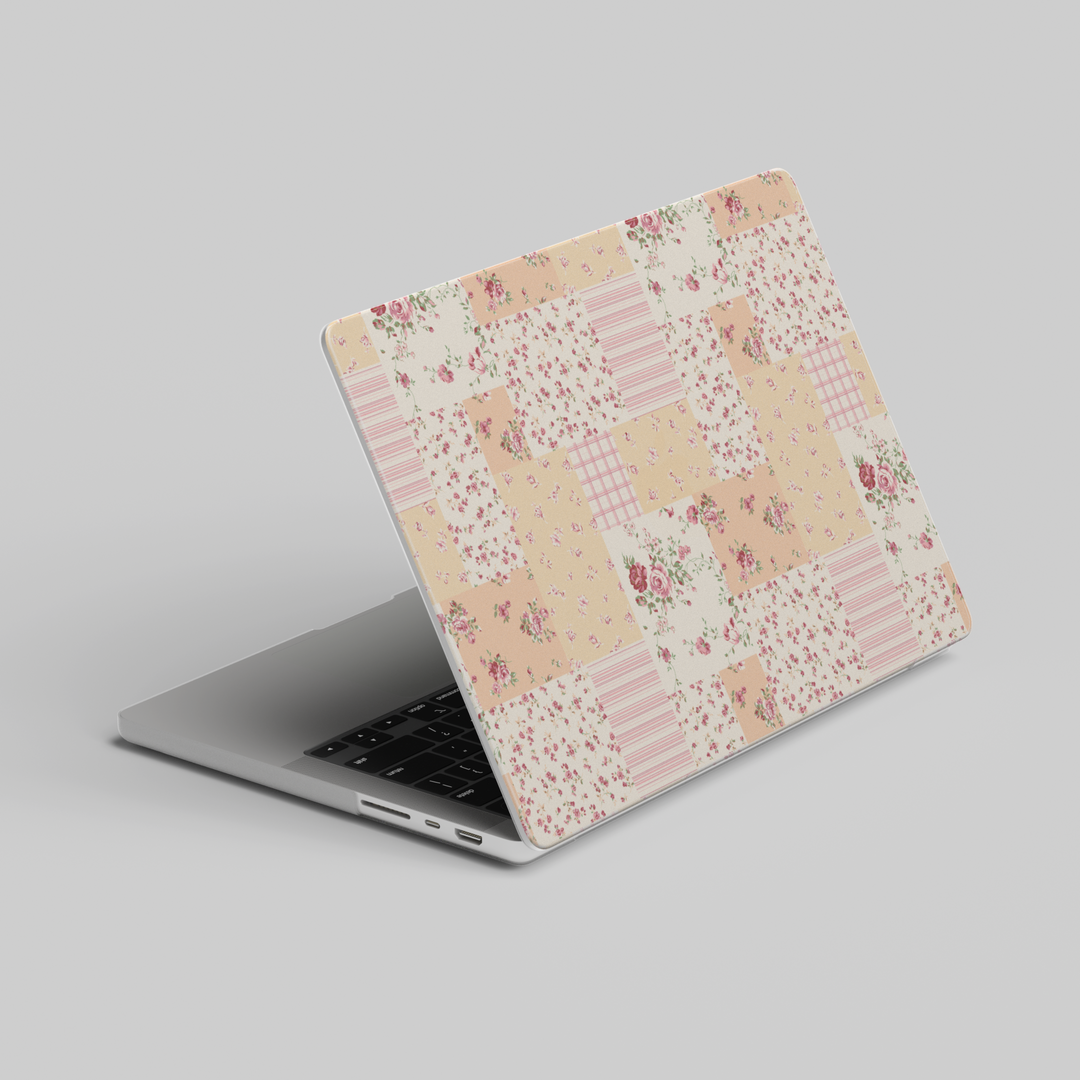 Cottagecore floral MacBook case with vintage patchwork design in soft peach and cream tones, perfect for students and romantic aesthetic lovers.