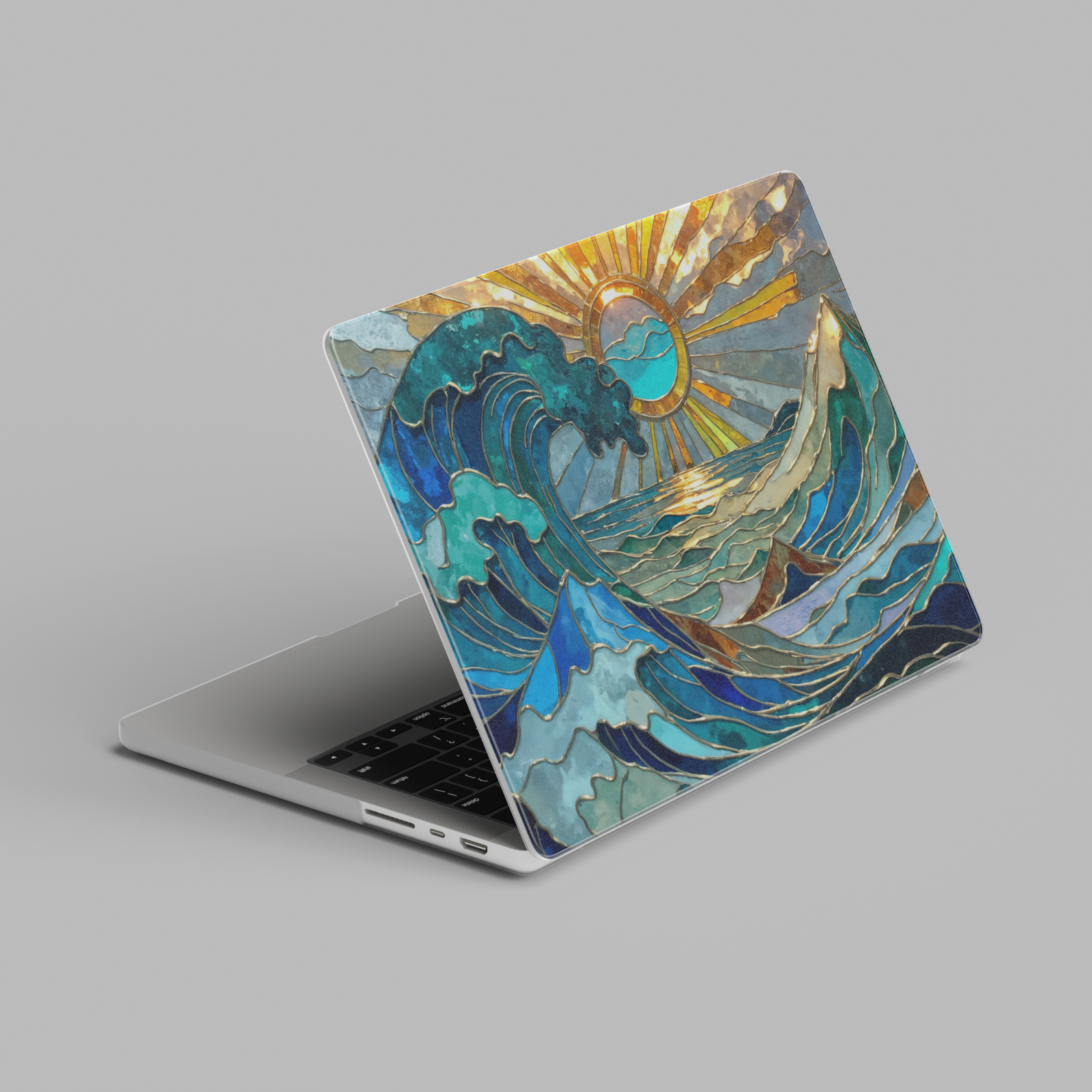 Stained glass ocean wave MacBook case with teal blue waves and sunburst coastal design