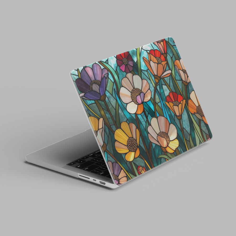 Stained glass floral MacBook case with colorful wildflowers and teal botanical background