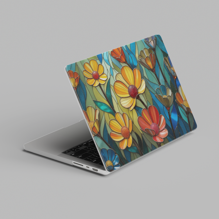 Stained glass floral MacBook case with colorful wildflowers and teal botanical background