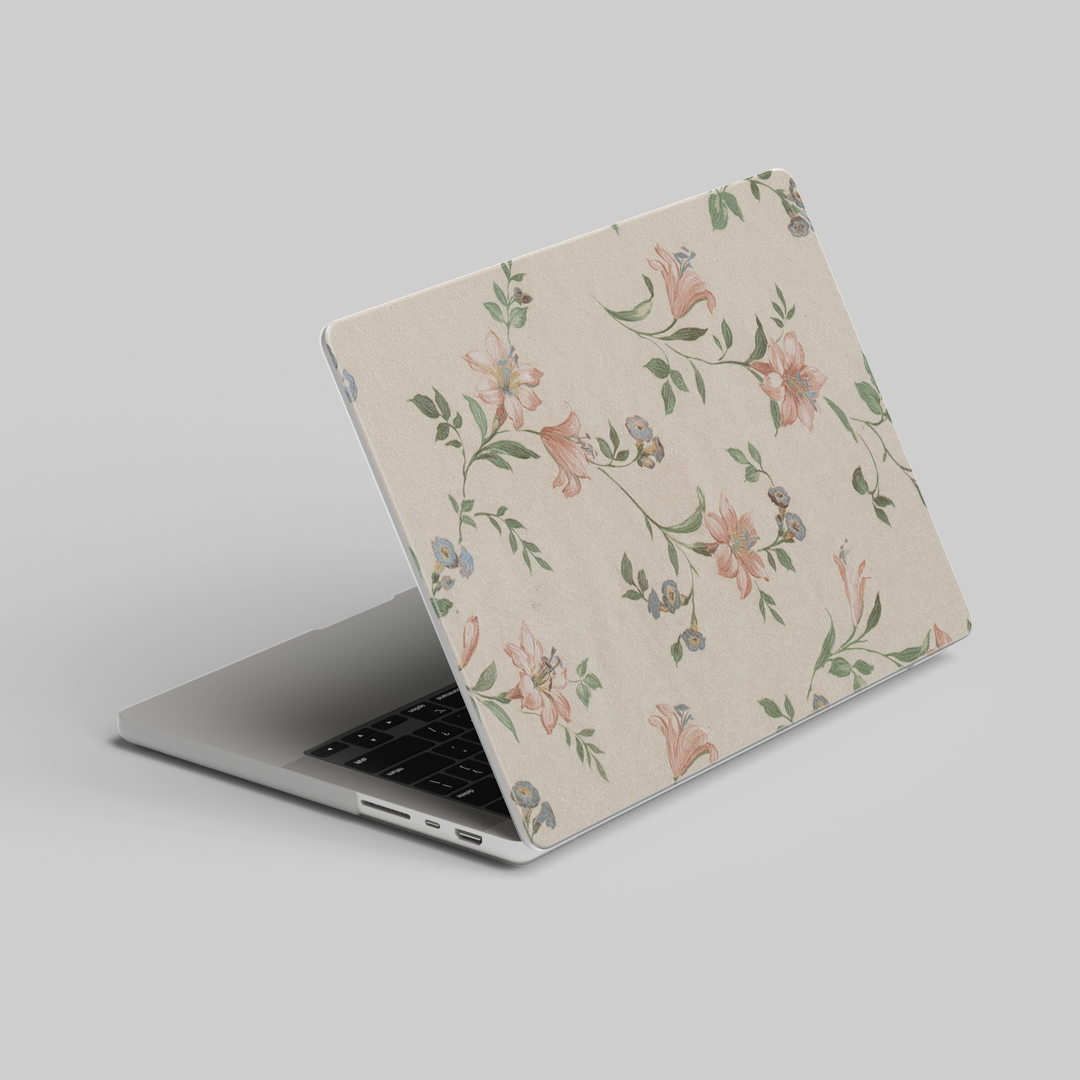Beige floral MacBook case with delicate lilies and greenery, vintage aesthetic laptop cover for MacBook Air and Pro, feminine and soft design








