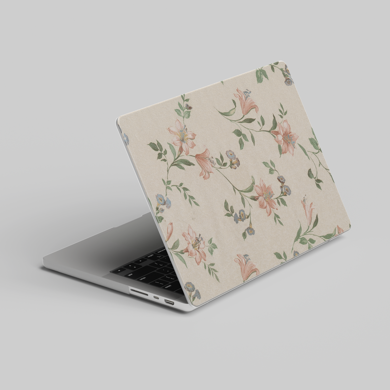Beige floral MacBook case with delicate lilies and greenery, vintage aesthetic laptop cover for MacBook Air and Pro, feminine and soft design








