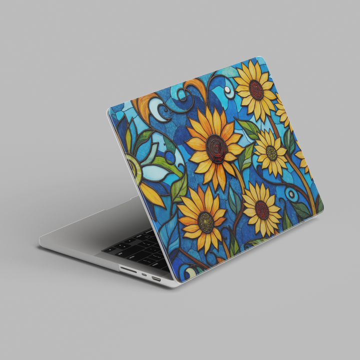 Stained glass sunflower MacBook case with bright yellow flowers on a rich blue background