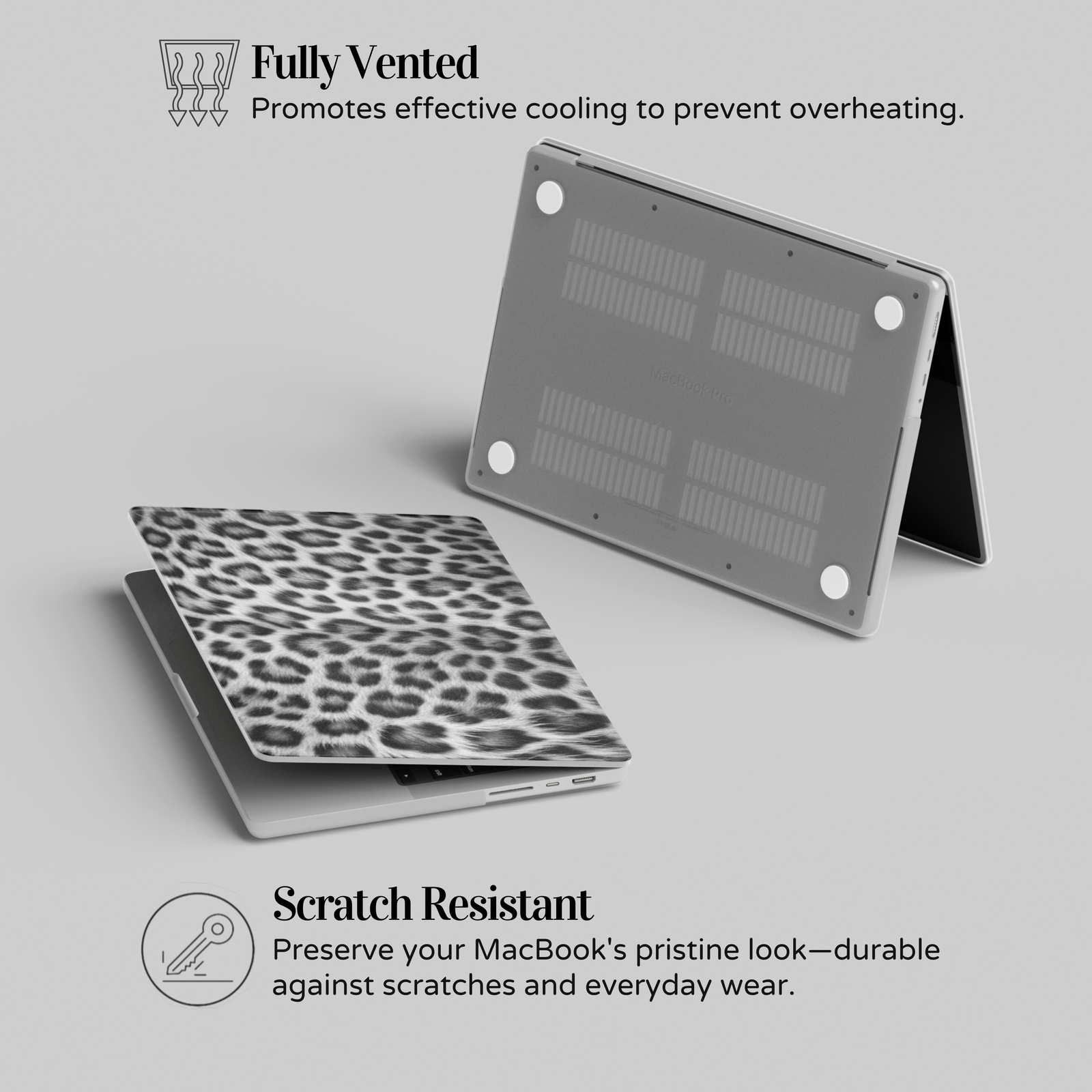 Snow Panther leopard print MacBook case for MacBook Air 13, MacBook Pro 16, MacBook Retina 15, and more. Stylish laptop skin for Apple laptops.