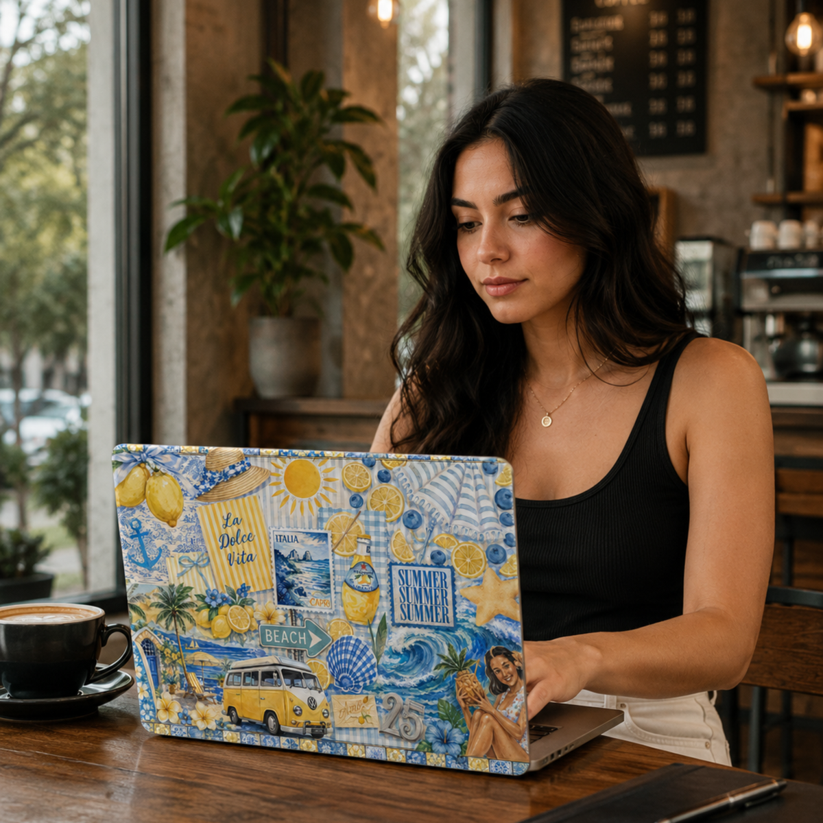 MacBook cover featuring an Italian summer collage with lemons, limoncello, beach scenes, Capri postcards, coastal waves, and Mediterranean-inspired artwork in blue and yellow tones.