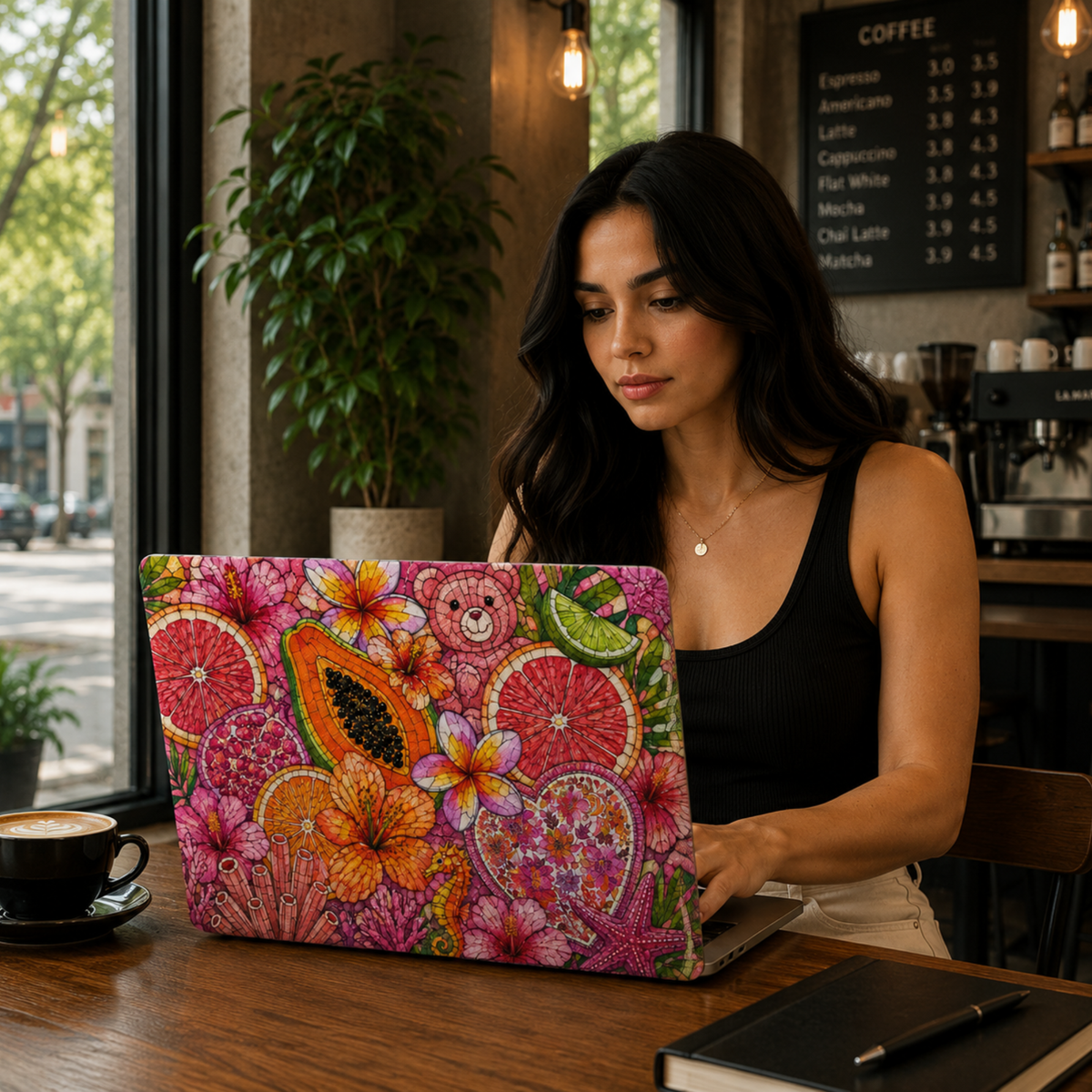 Pink tropical MacBook cover featuring grapefruit, papaya, dragonfruit, citrus slices, hibiscus flowers, coral elements, and vibrant summer island artwork.