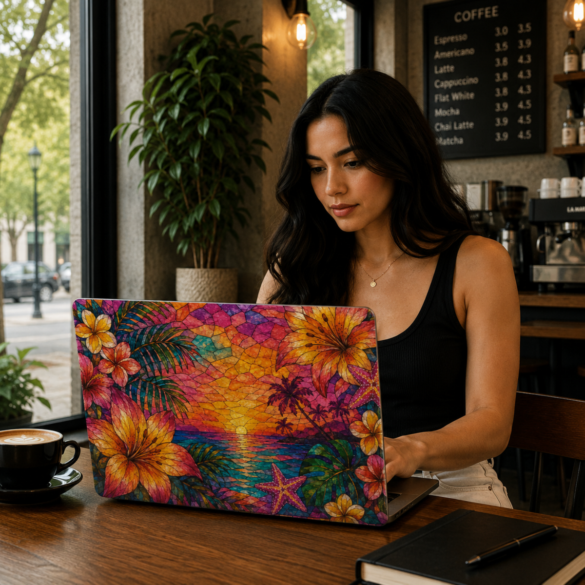 Colorful tropical sunset MacBook cover featuring hibiscus flowers, palm leaves, ocean waves, starfish, and vibrant island sunset artwork.