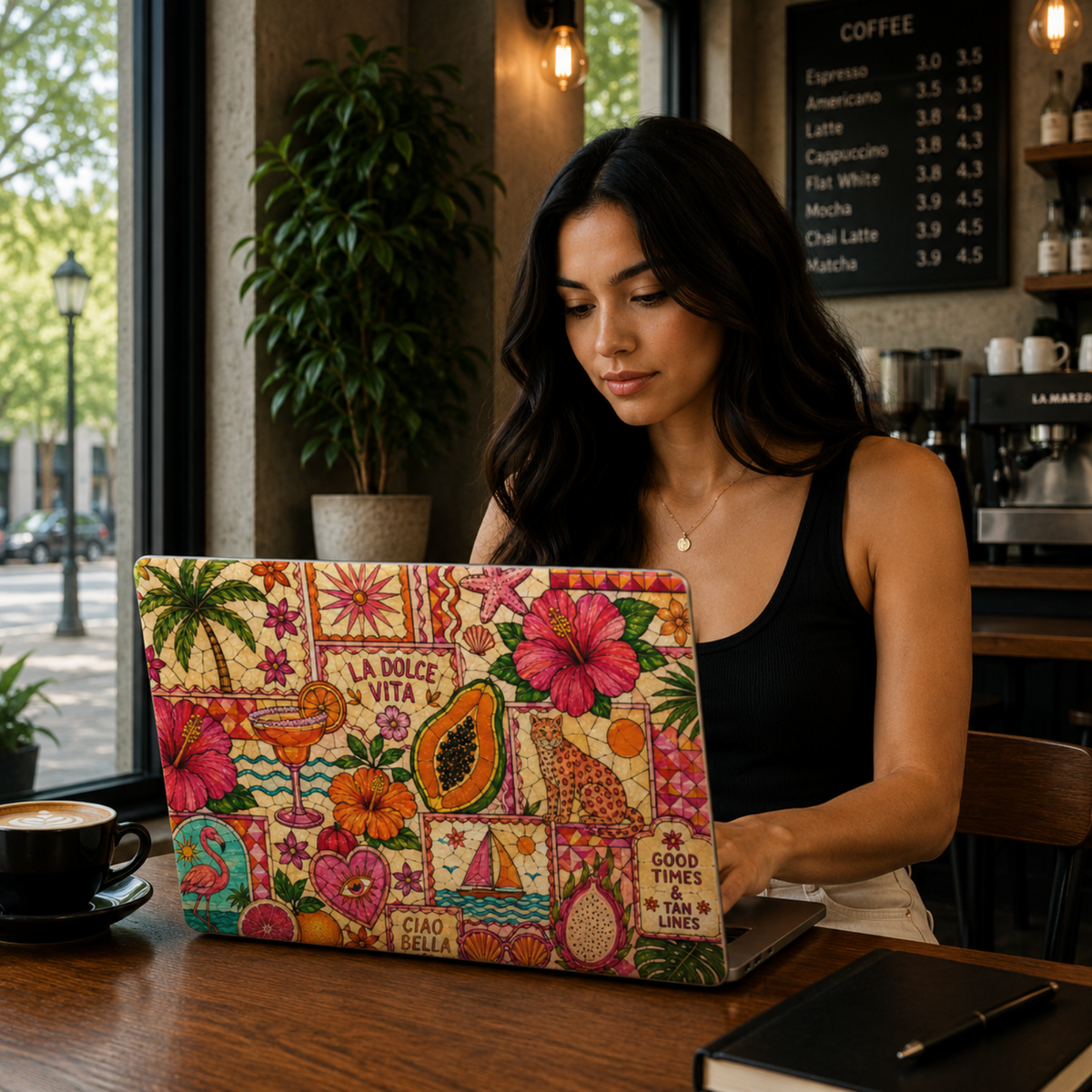Tropical MacBook cover featuring hibiscus flowers, papaya, citrus fruits, flamingo, palm trees, sailboat, cocktail, and Italian summer-inspired artwork.