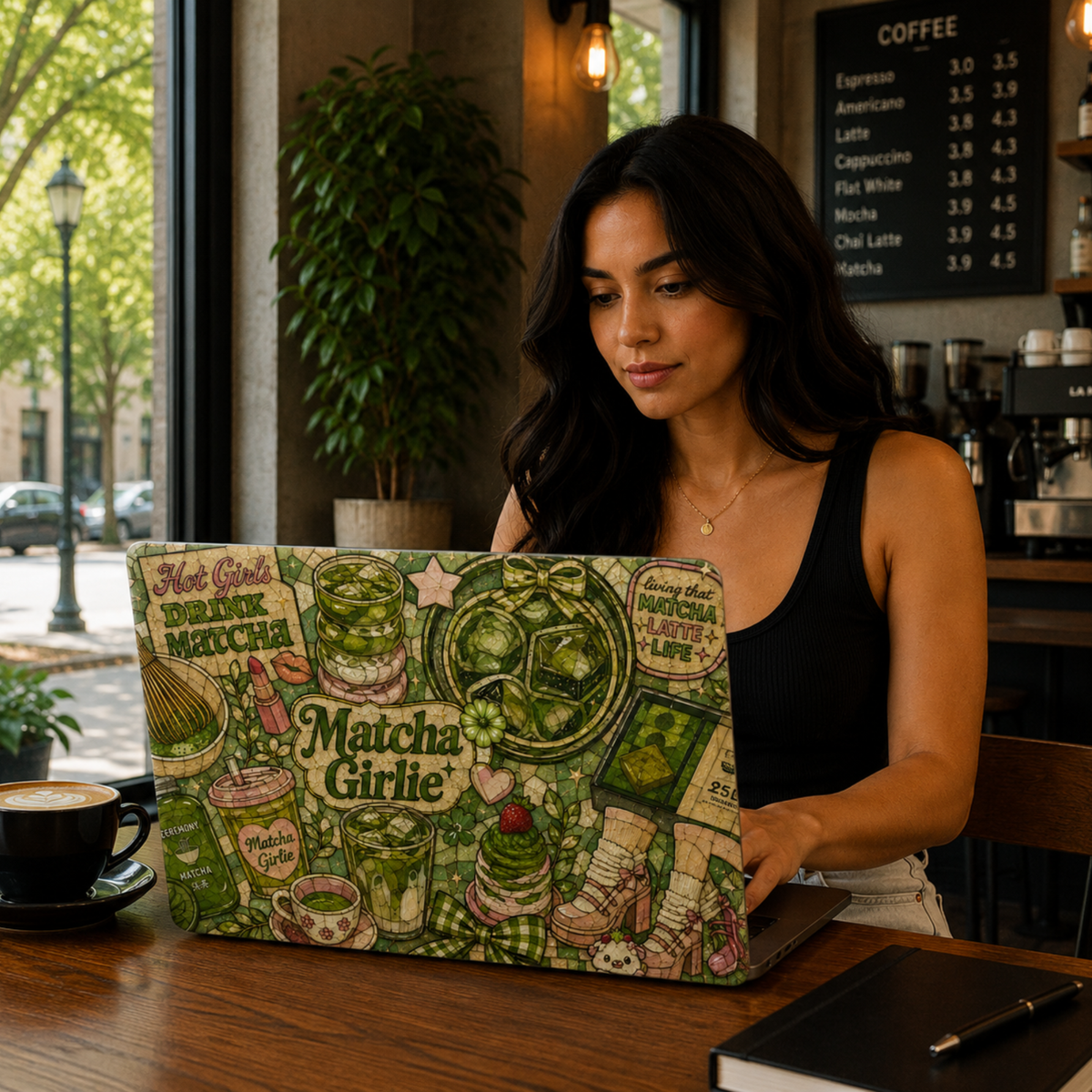 Green matcha-themed MacBook cover featuring iced matcha drinks, tea accessories, bows, strawberries, desserts, and cute coquette aesthetic artwork.