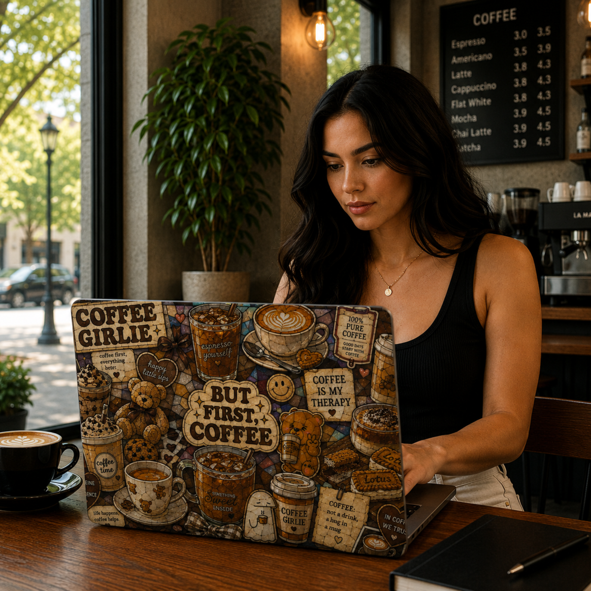 Brown coffee-themed MacBook cover featuring espresso drinks, iced coffee, café treats, coffee quotes, teddy bears, and cozy coffeehouse artwork.