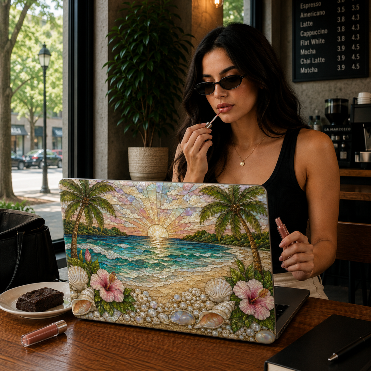 Coastal beach MacBook case featuring ocean waves, palm trees, seashells, sea glass, pearls, sandy shores, and a tropical seaside sunset in soft turquoise and neutral tones.