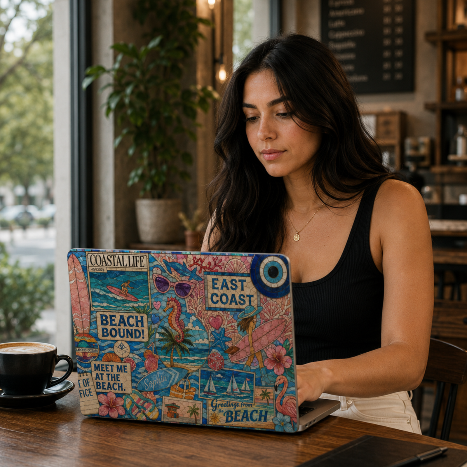 MacBook cover featuring a colorful beach collage with coastal postcards, surfboards, flamingos, sailboats, seashells, tropical flowers, and East Coast summer-inspired artwork.