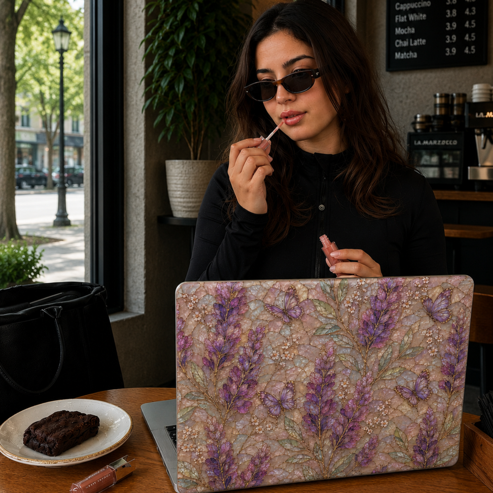 Lavender floral MacBook case featuring purple lavender stems, delicate butterflies, wildflowers, and soft pastel botanical artwork.
