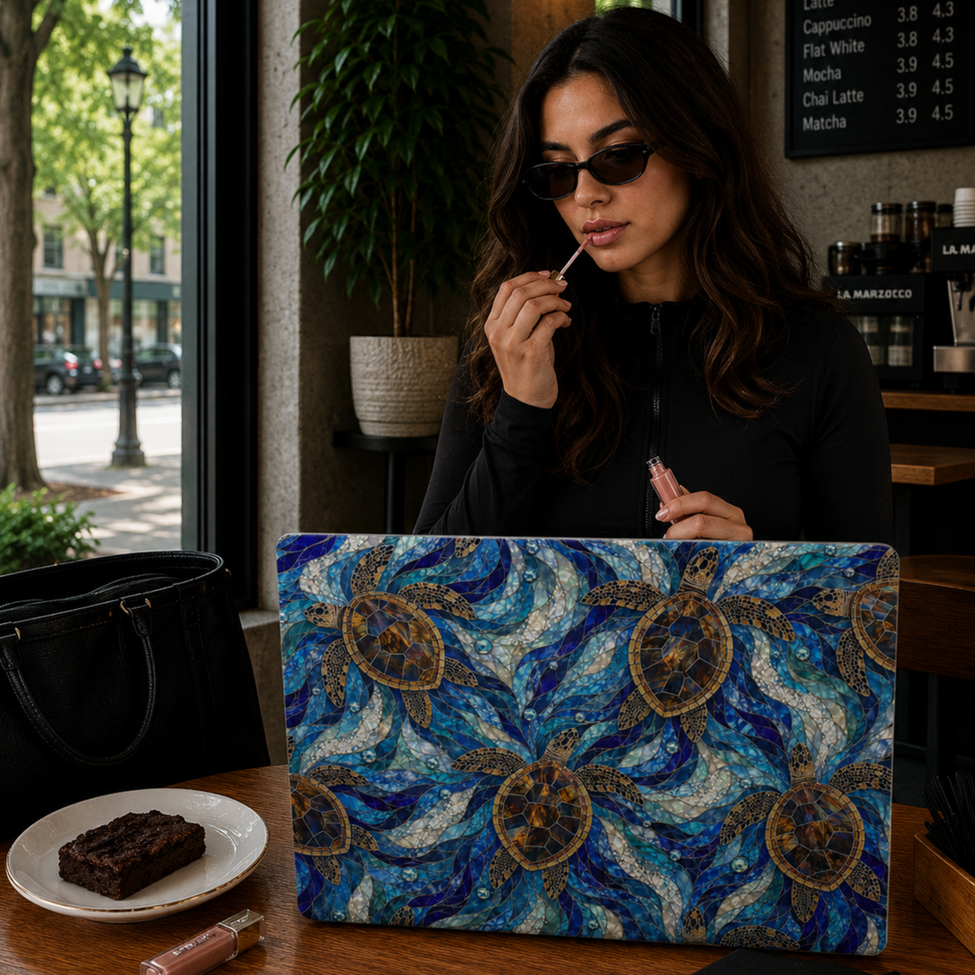 Blue ocean MacBook case featuring sea turtles swimming through flowing turquoise waves in a stained-glass-inspired coastal design.