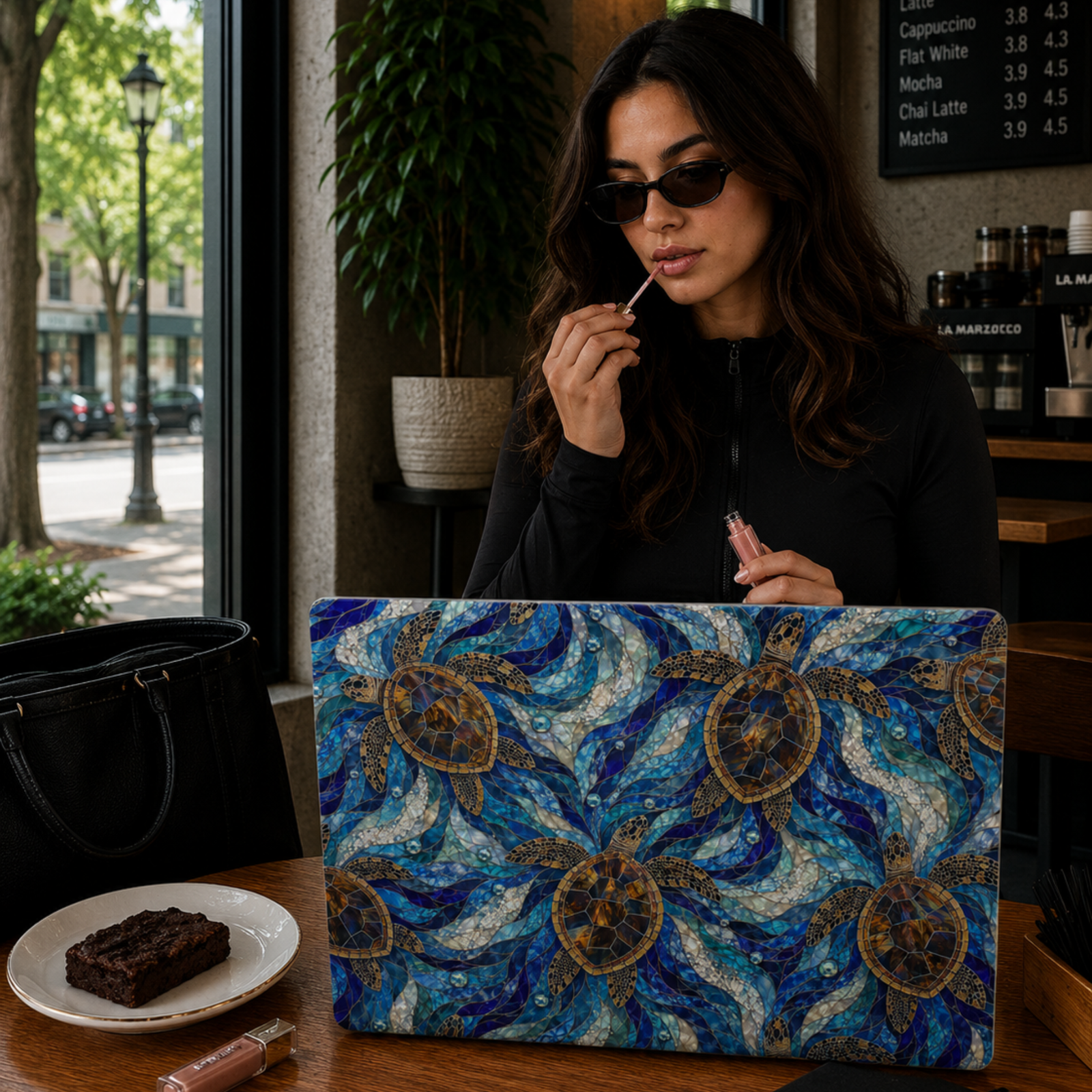 Blue ocean MacBook case featuring sea turtles swimming through flowing turquoise waves in a stained-glass-inspired coastal design.