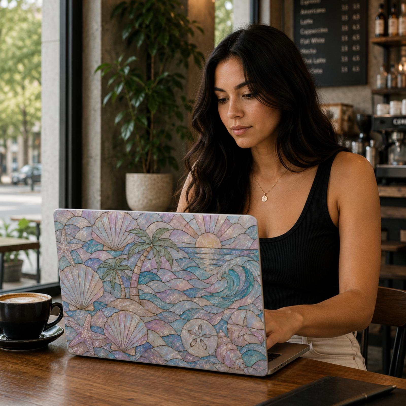 Pastel coastal MacBook cover featuring seashells, starfish, ocean waves, palm trees, sand dollars, and a beach sunset in soft pink and blue tones.