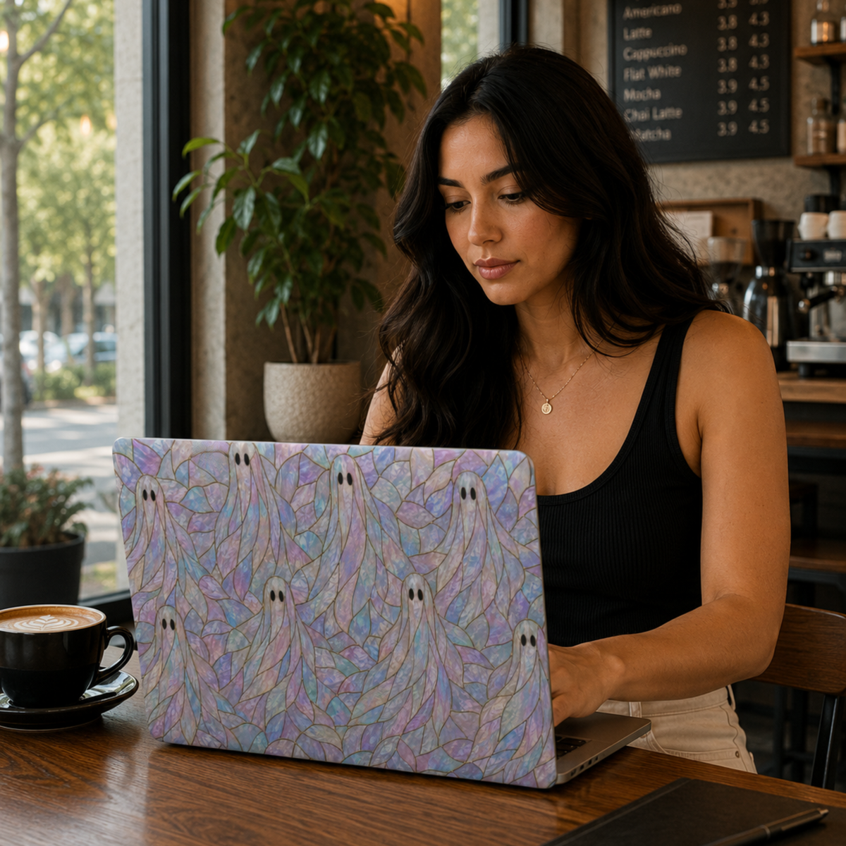 Pastel Halloween MacBook cover featuring adorable floating ghosts on a soft lavender, pink, and blue stained-glass inspired background.