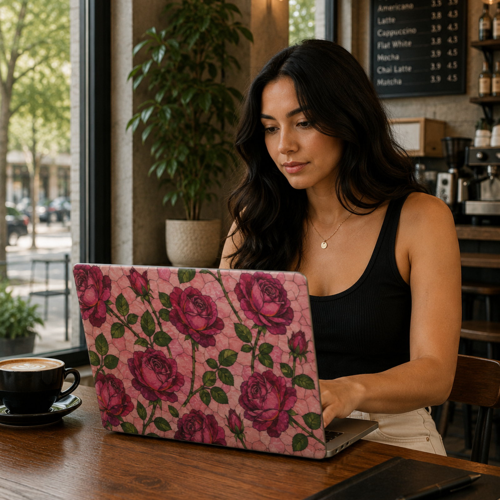 Pink floral MacBook cover featuring blooming pink roses and green leaves on a soft blush background.