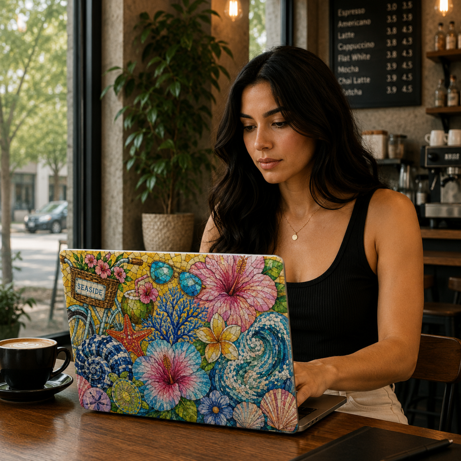 Colorful tropical beach MacBook cover featuring hibiscus flowers, ocean waves, seashells, sea turtles, starfish, sunglasses, and a seaside bicycle.