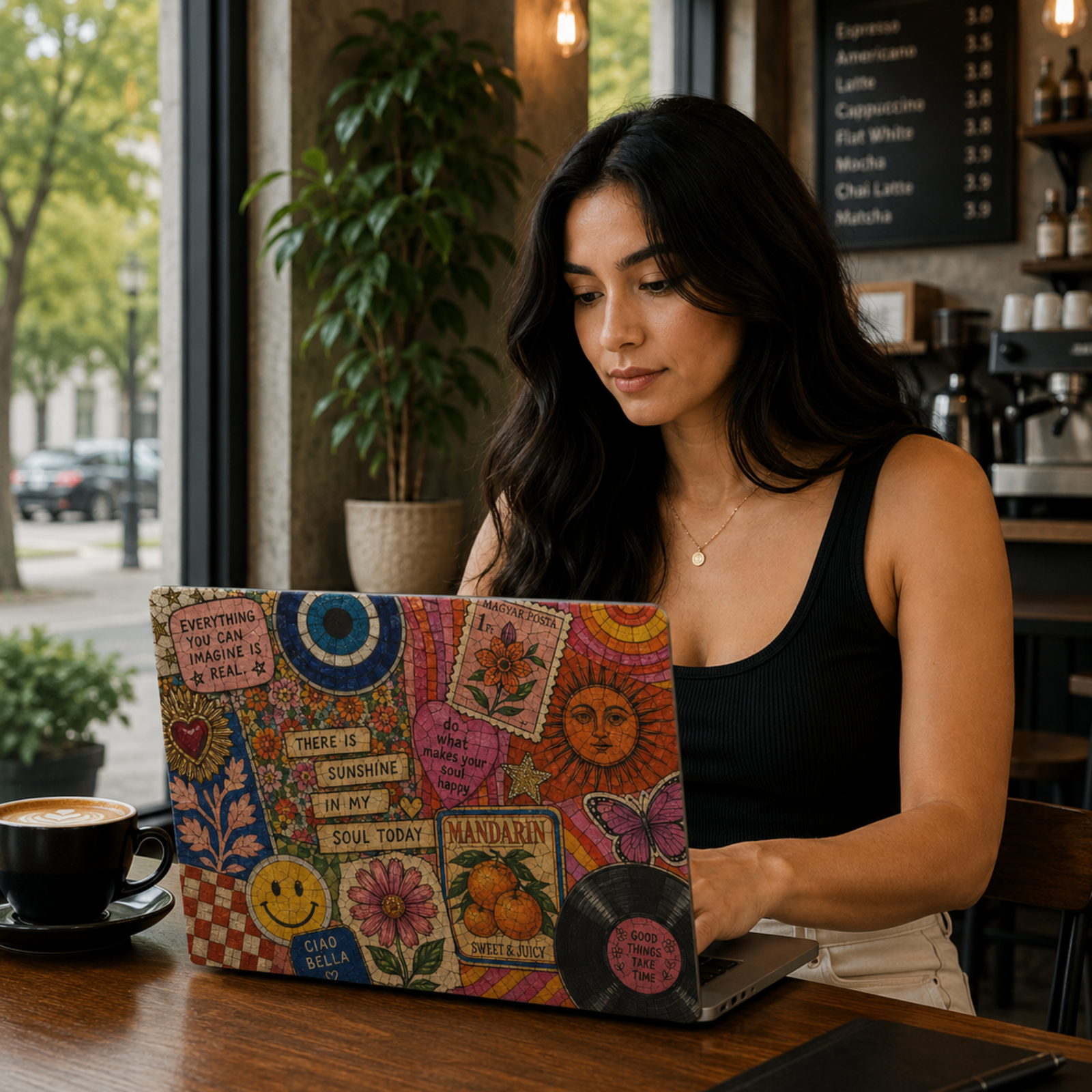 Colorful retro collage MacBook cover featuring sunshine artwork, florals, butterflies, smiley faces, inspirational quotes, evil eye motifs, and vintage aesthetic elements.