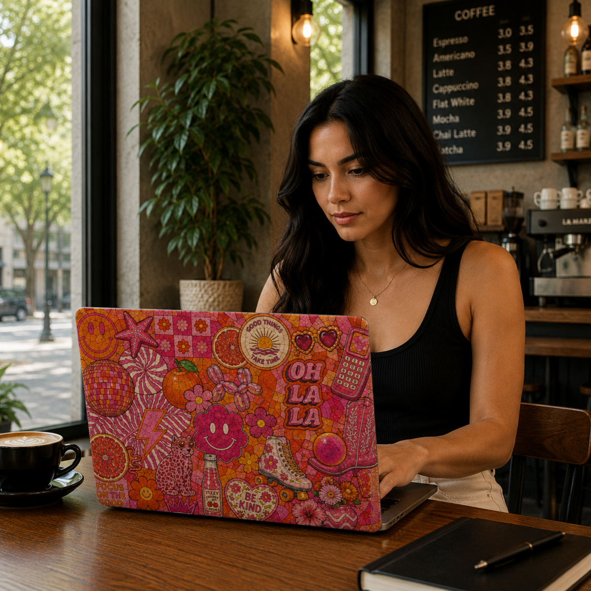 Retro pink MacBook cover featuring smiley faces, disco ball, cherries, roller skates, flowers, citrus fruit, hearts, and groovy Y2K aesthetic artwork.