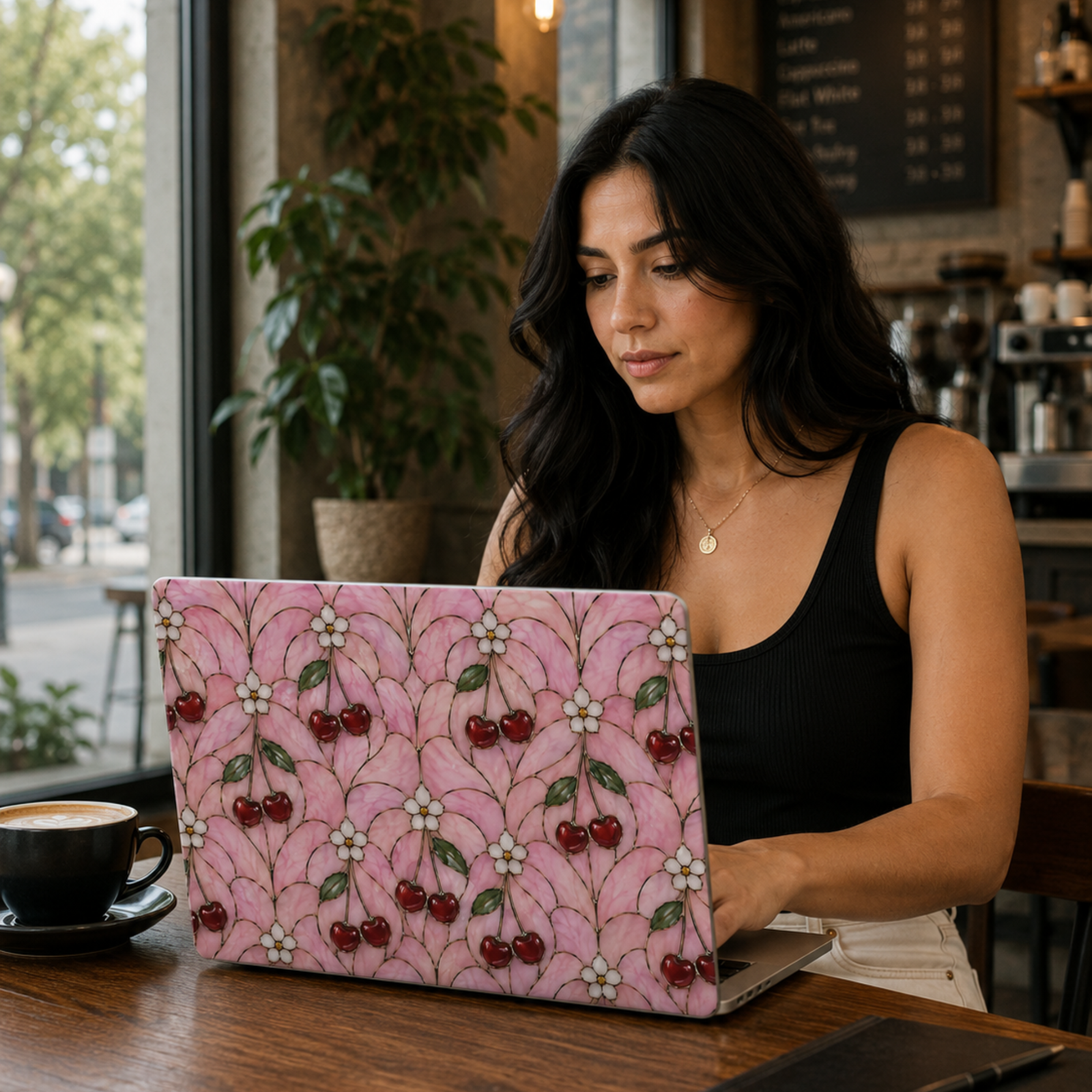 Pink MacBook cover featuring a repeating cherry blossom pattern with red cherries, delicate flowers, and soft gold accents on a blush pink background.