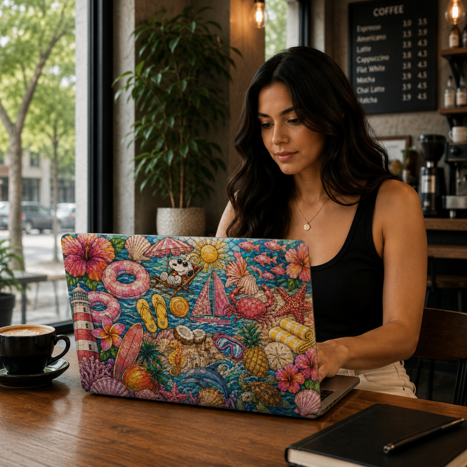 Colorful summer beach MacBook cover featuring hibiscus flowers, seashells, surfboards, dolphins, beach floats, palm trees, sailboats, and tropical vacation elements.