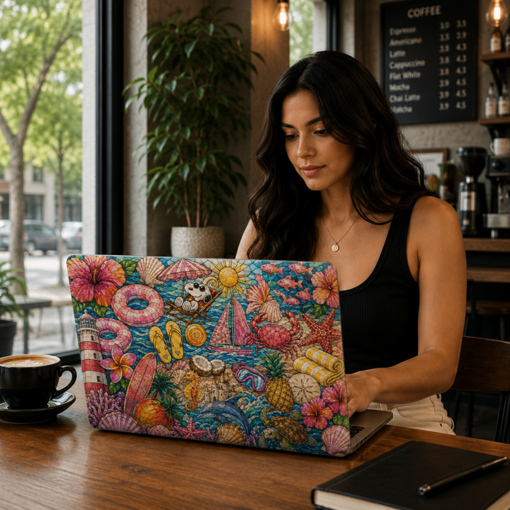 Colorful summer beach MacBook cover featuring hibiscus flowers, seashells, surfboards, dolphins, beach floats, palm trees, sailboats, and tropical vacation elements.