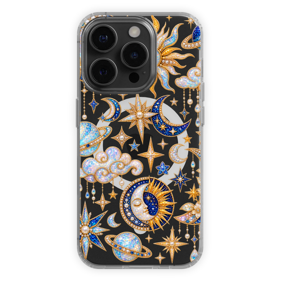 Clear MagSafe iPhone case with jeweled blue moons, opal stars, golden suns, planets, clouds and pearl celestial details.
