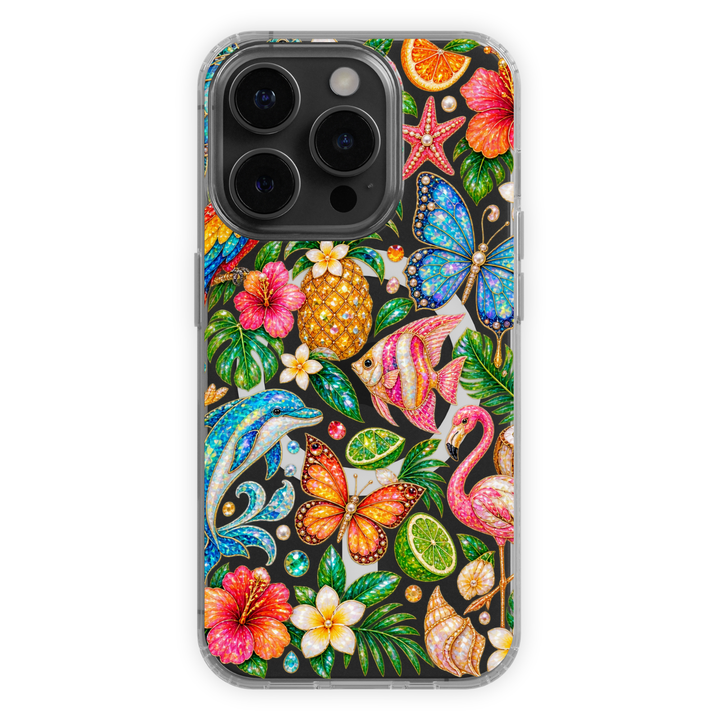 Clear MagSafe iPhone case with colorful tropical flowers, flamingo, dolphin, butterflies, pineapple, fish and jeweled island-inspired details.