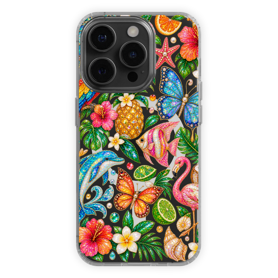 Clear MagSafe iPhone case with colorful tropical flowers, flamingo, dolphin, butterflies, pineapple, fish and jeweled island-inspired details.