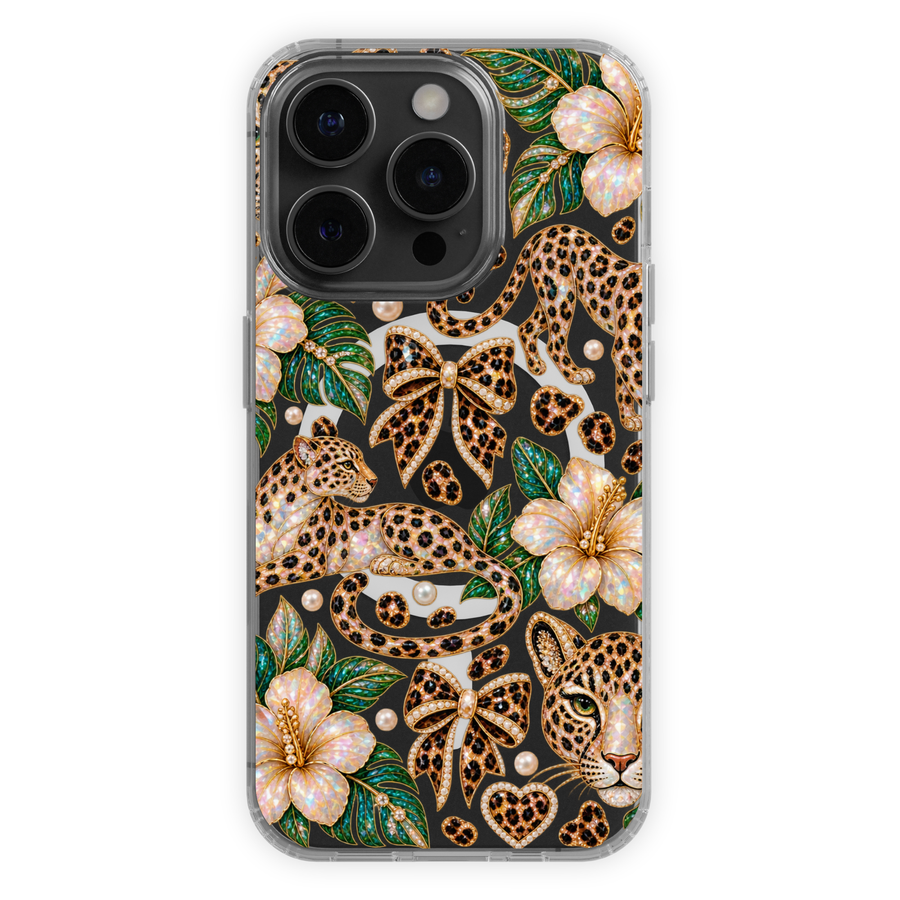 Clear MagSafe iPhone case with jeweled leopard print, tropical hibiscus flowers, leopard bows, pearls and green leaves.