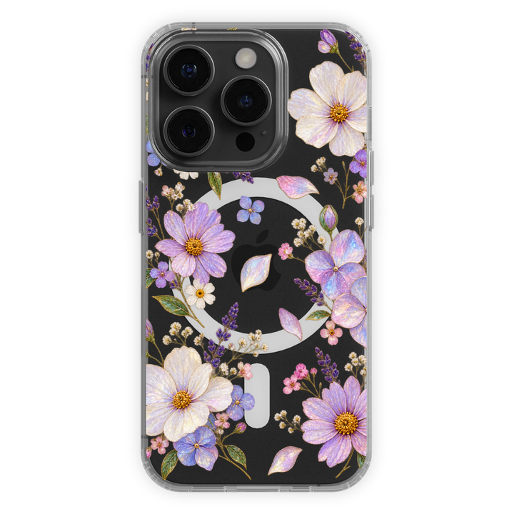 Clear MagSafe iPhone case with lavender purple and ivory wildflowers, pastel blossoms and delicate botanical details.