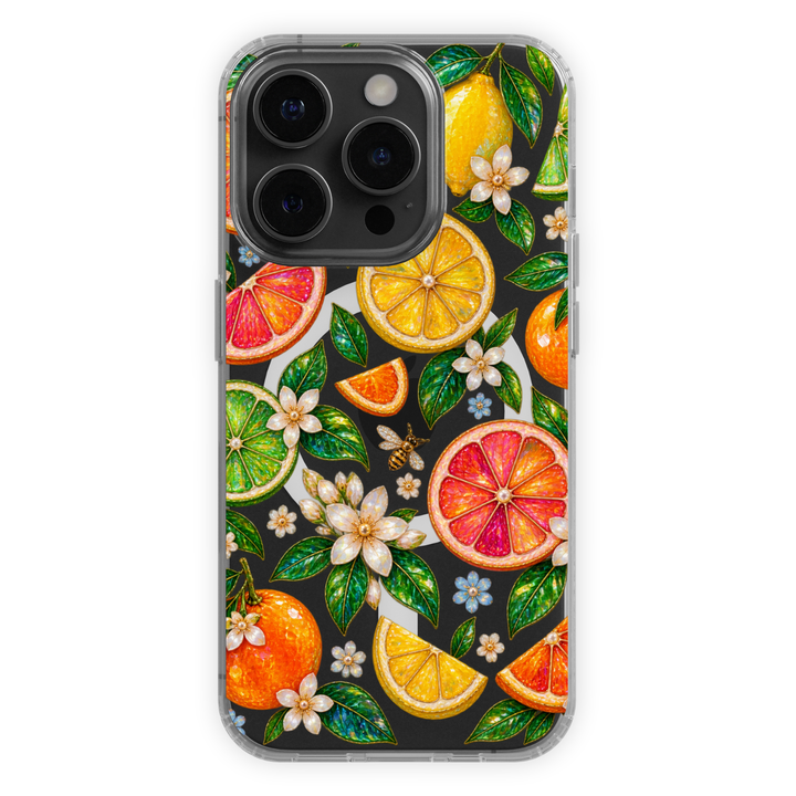 Clear MagSafe iPhone case with jeweled lemons, oranges, grapefruit and limes surrounded by green leaves and delicate white flowers.