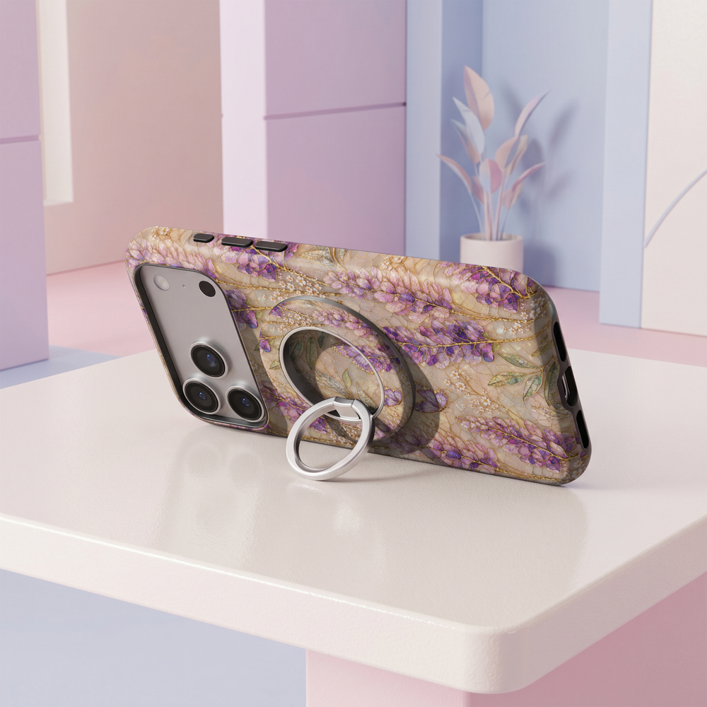 Lavender Enchantment MagSafe ring holder with purple and blush stained glass leaves, delicate blossoms, butterfly and gold accents with silver rotating magnetic phone grip.