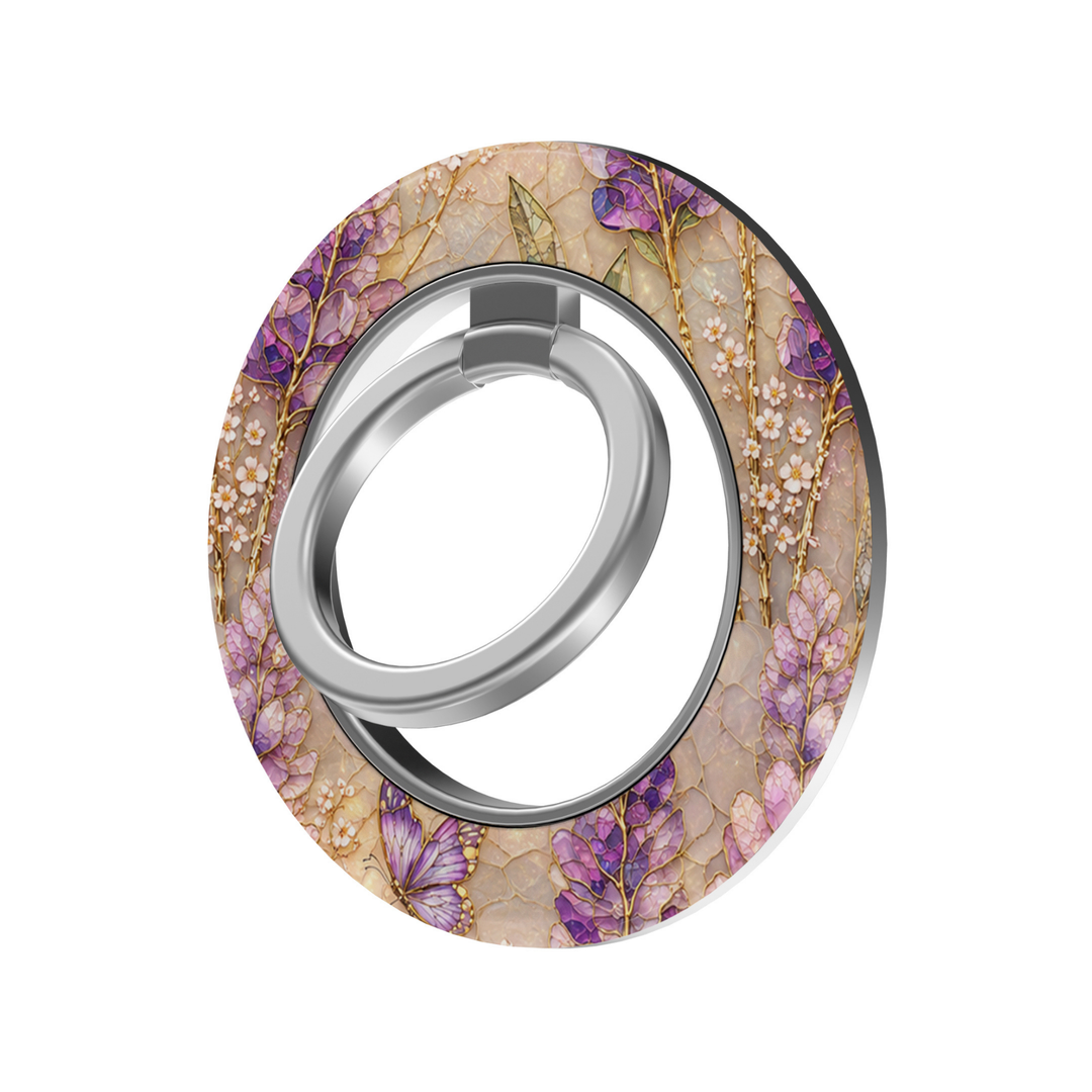 Lavender Enchantment MagSafe ring holder with purple and blush stained glass leaves, delicate blossoms, butterfly and gold accents with silver rotating magnetic phone grip.