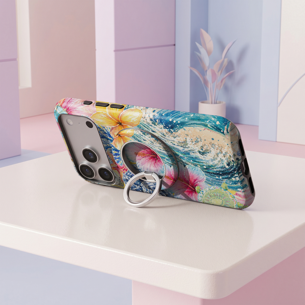 Coastal Hibiscus MagSafe ring holder with watercolor tropical flowers, blue ocean waves, coral and vibrant pink, orange and turquoise details with silver rotating magnetic phone grip.
