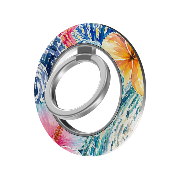 Coastal Hibiscus MagSafe ring holder with watercolor tropical flowers, blue ocean waves, coral and vibrant pink, orange and turquoise details with silver rotating magnetic phone grip.