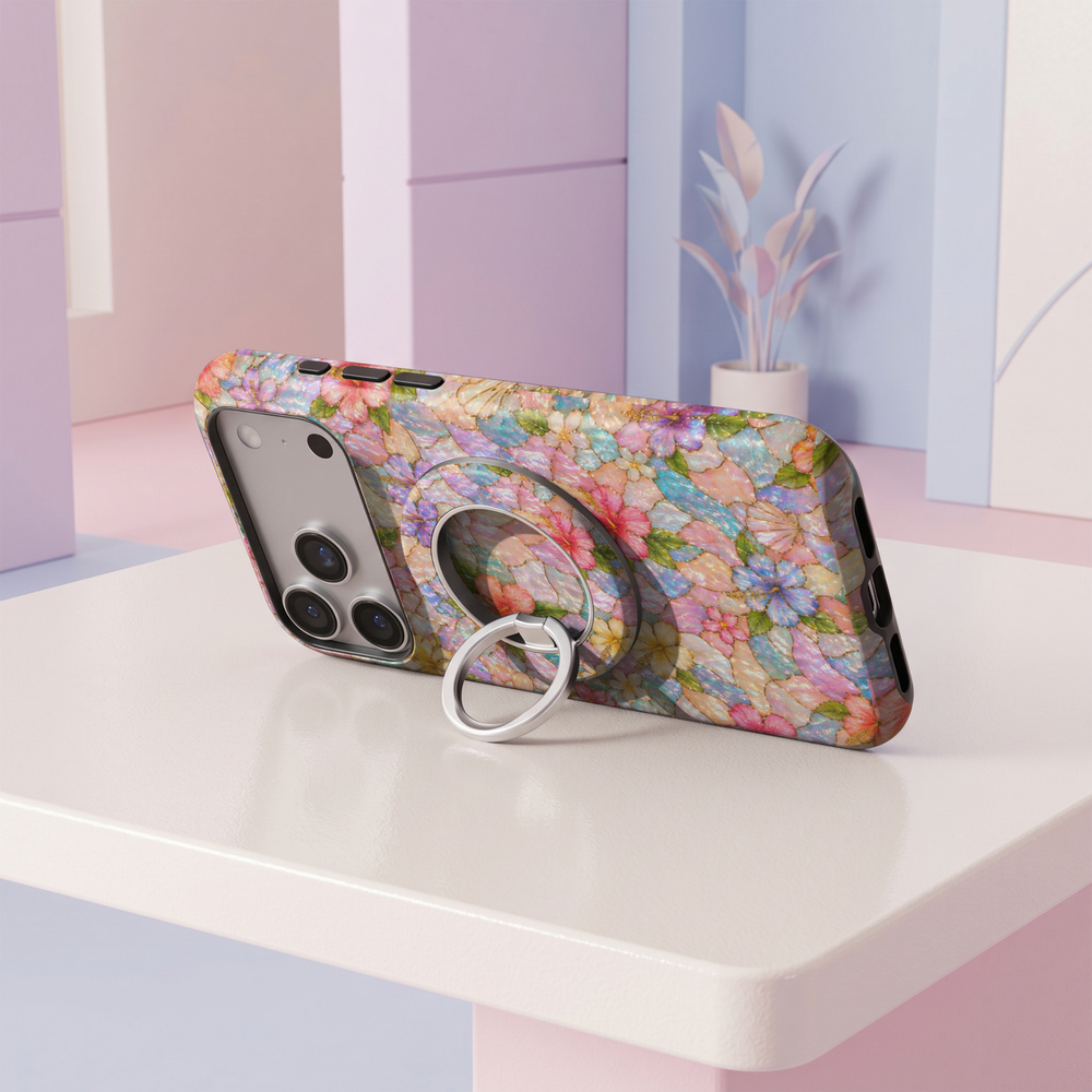Opal Hibiscus MagSafe ring holder with iridescent pastel pink, lavender, blue and peach tropical flowers with silver rotating magnetic phone grip.