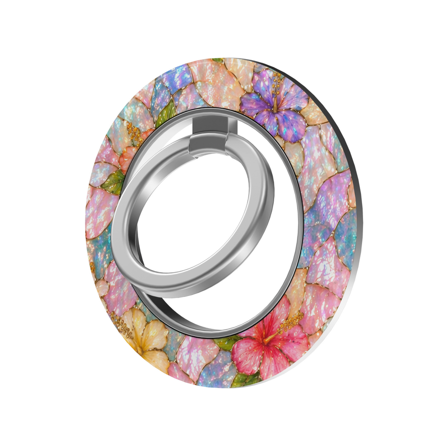 Opal Hibiscus MagSafe ring holder with iridescent pastel pink, lavender, blue and peach tropical flowers with silver rotating magnetic phone grip.