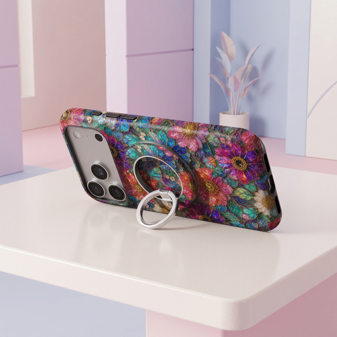 Jewel Bloom MagSafe ring holder with vibrant turquoise, blue, purple and pink stained glass floral design with gold accents and silver rotating magnetic phone grip.