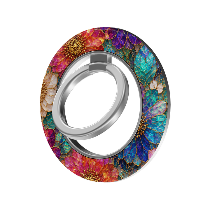 Jewel Bloom MagSafe ring holder with vibrant turquoise, blue, purple and pink stained glass floral design with gold accents and silver rotating magnetic phone grip.