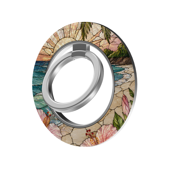 Island Paradise MagSafe ring holder with tropical beach sunset, turquoise ocean, palm trees and pink hibiscus flowers with silver rotating magnetic phone grip.