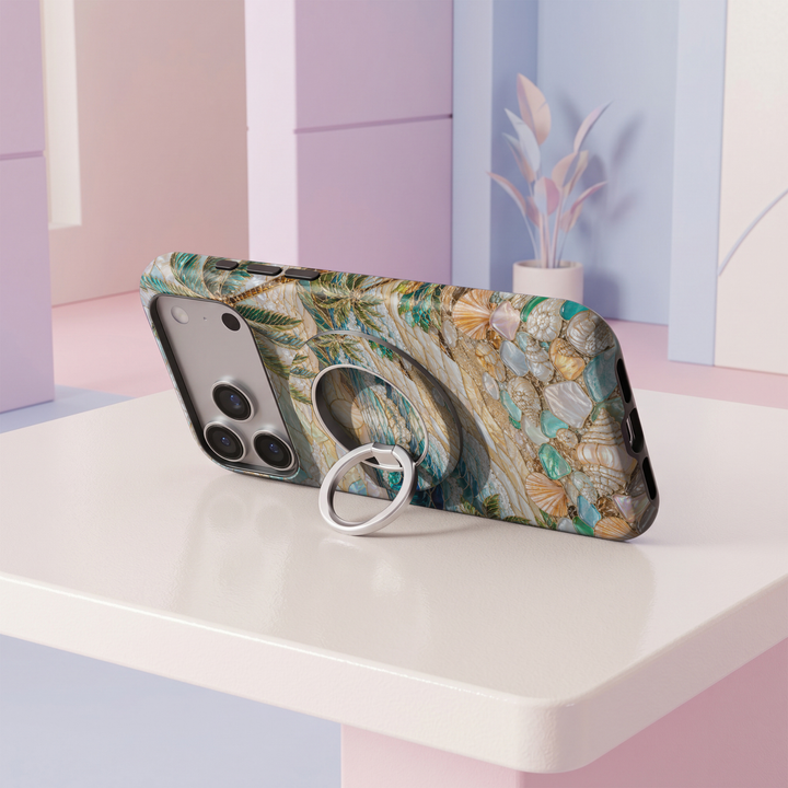 Opal Coast MagSafe ring holder with turquoise ocean waves, pearl-inspired ivory details, tropical palms and gold accents with silver rotating magnetic phone grip.