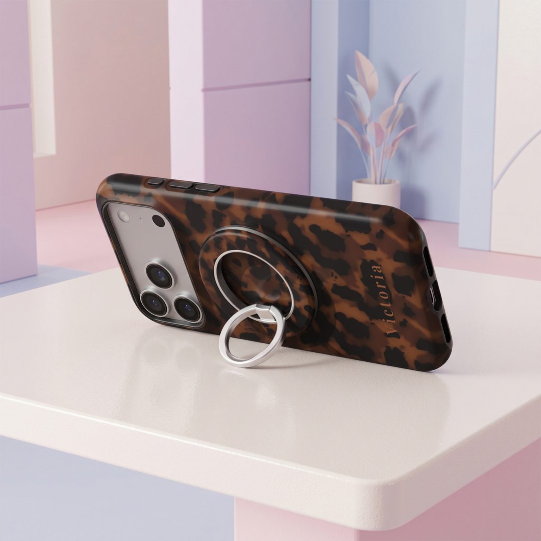Espresso Tortoise MagSafe ring holder with rich brown and black tortoiseshell pattern and silver rotating magnetic phone grip and stand.