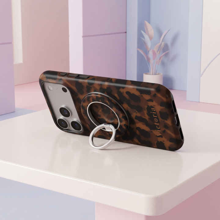 Espresso Tortoise MagSafe ring holder with rich brown and black tortoiseshell pattern and silver rotating magnetic phone grip and stand.