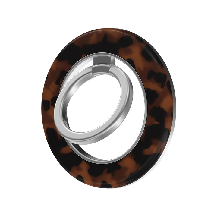 Espresso Tortoise MagSafe ring holder with rich brown and black tortoiseshell pattern and silver rotating magnetic phone grip and stand.